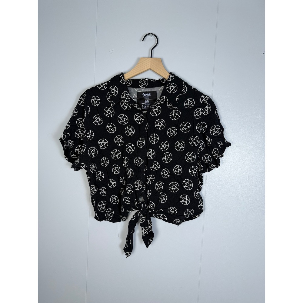 Spencer's Goth Emo Witchy Occult Crop Top Women Small Black Pentagram Tie Front - Picture 2 of 4